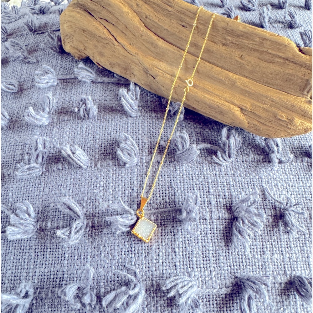 Gold plated necklace with triangular druzy pendant. 3 color choices